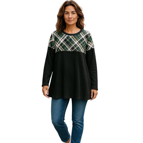 Cool Melon Black Waffle Plaid Pattern Yoke Crew Neck Long Sleeve Top Size 1X - Picture 1 of 7